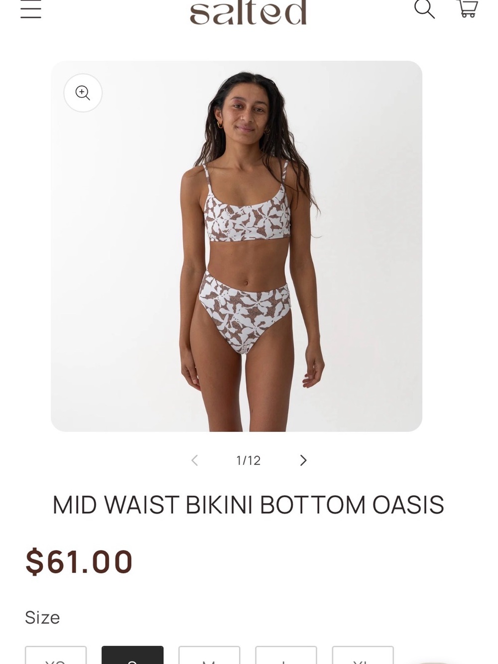 Salted Oasis Mid-Waist Bikini bottoms only. White with Brown Leaf Print - Picture 4 of 4